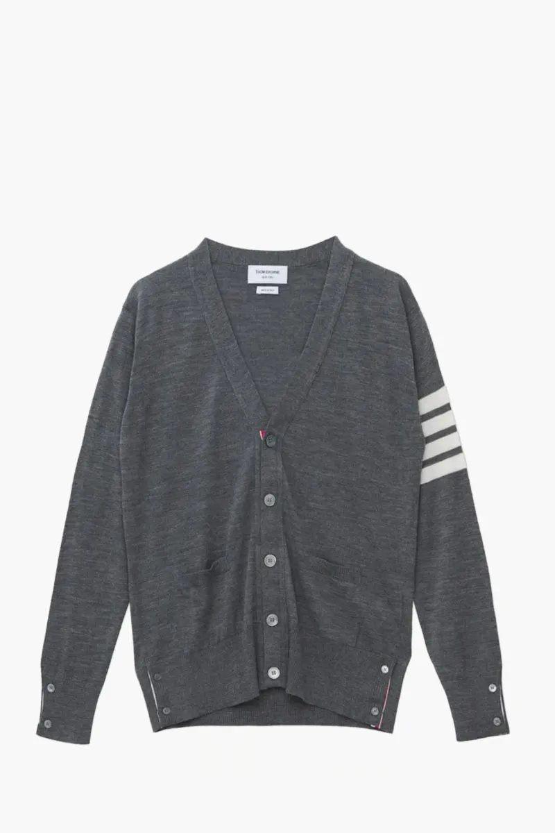 THOM BROWNE Men Classic 4-Bar V-Neck Cardigan in Med Grey Wool 0