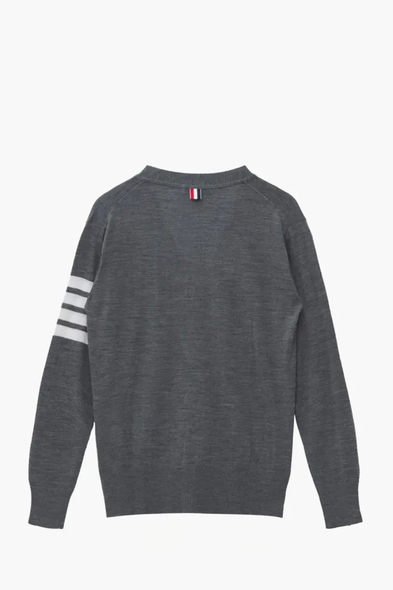 THOM BROWNE Men Classic 4-Bar V-Neck Cardigan in Med Grey Wool 1