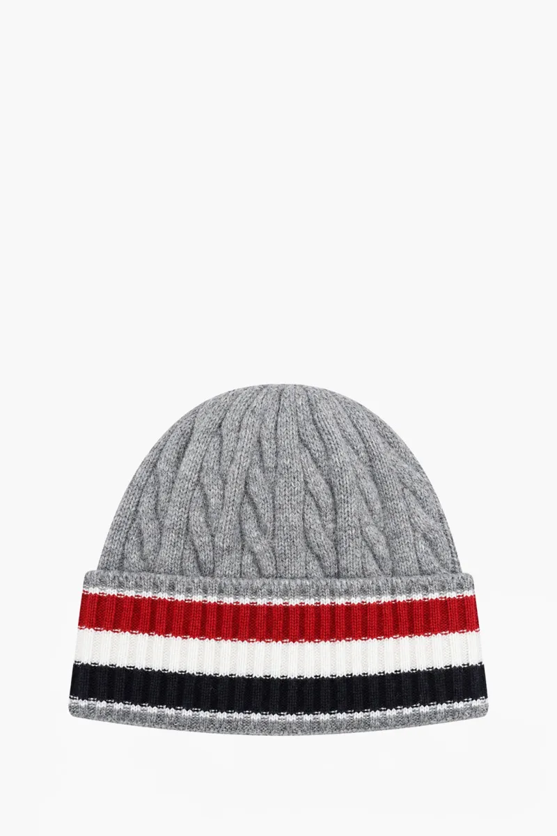 THOM BROWNE Cable And Rib Knit Beanie in Light Grey Merino Wool with RWB Stripe 0