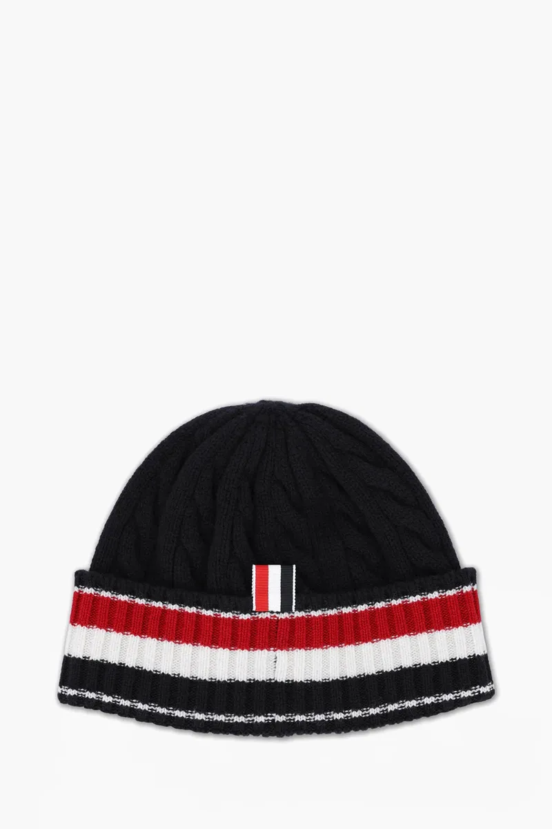 THOM BROWNE Cable And Rib Knit Beanie in Navy Merino Wool with RWB Stripe 0