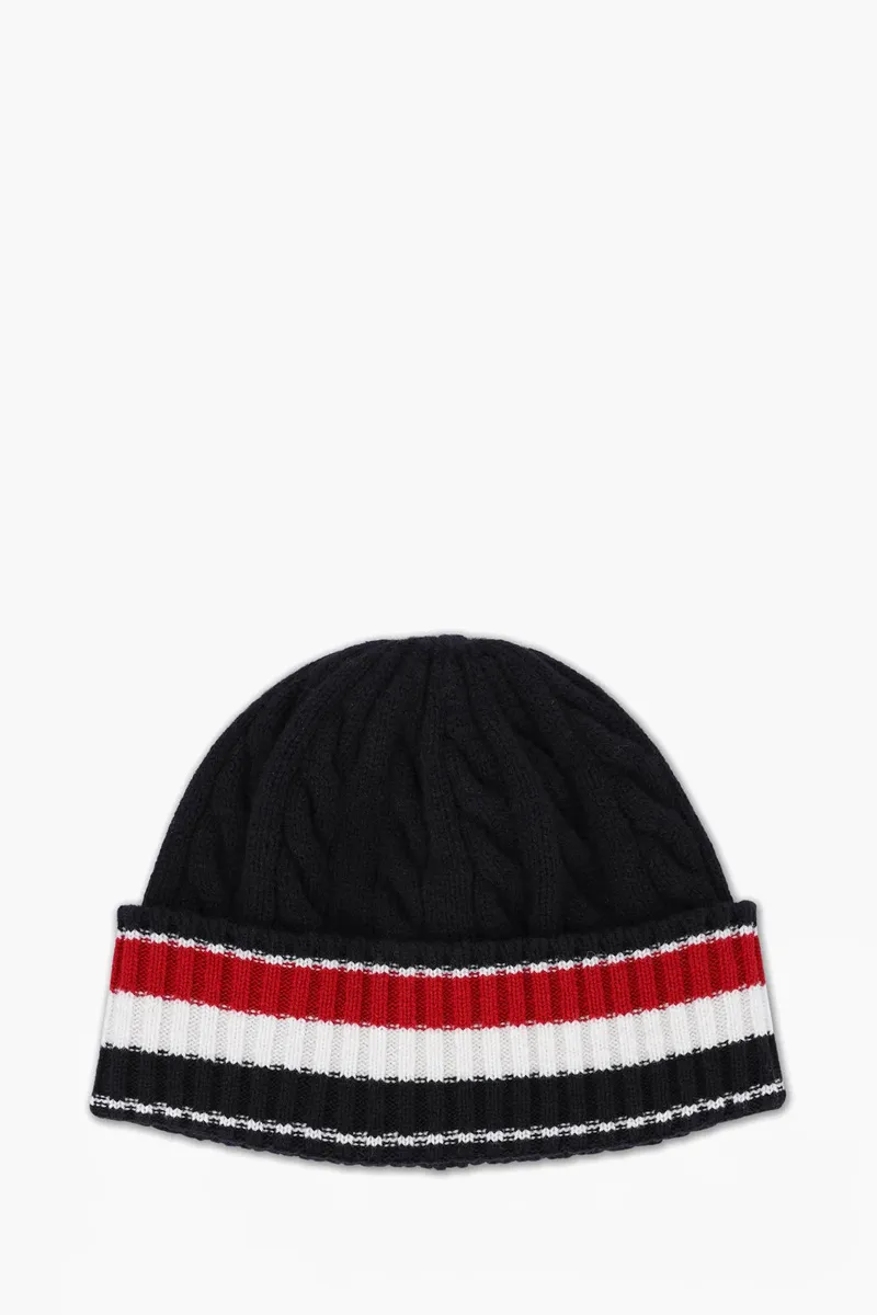 THOM BROWNE Cable And Rib Knit Beanie in Navy Merino Wool with RWB Stripe 1