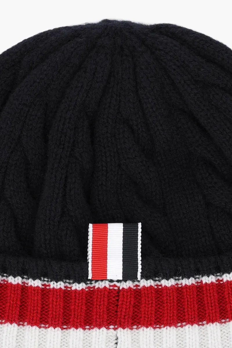 THOM BROWNE Cable And Rib Knit Beanie in Navy Merino Wool with RWB Stripe 2