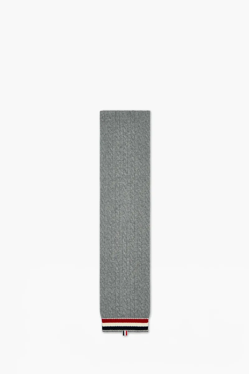 THOM BROWNE Cable and Rib Knit Scarf in Light Grey Merino Wool with RWB Stripe 0