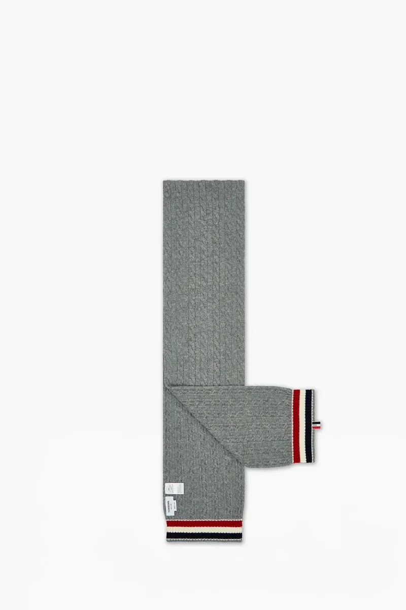 THOM BROWNE Cable and Rib Knit Scarf in Light Grey Merino Wool with RWB Stripe 1