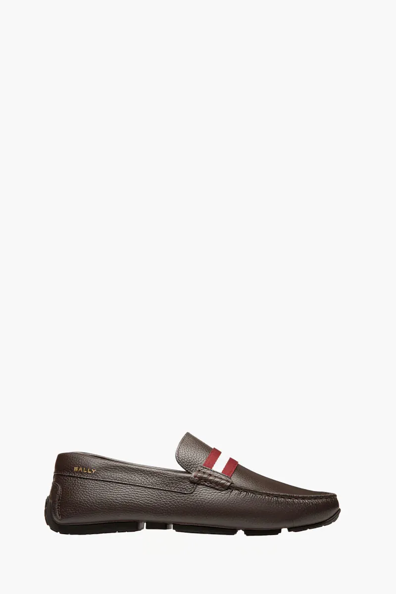 BALLY Men Perthy Pilot Driver Loafers in Brown/Red/White Grained Bovine Leather with Ribbon 0