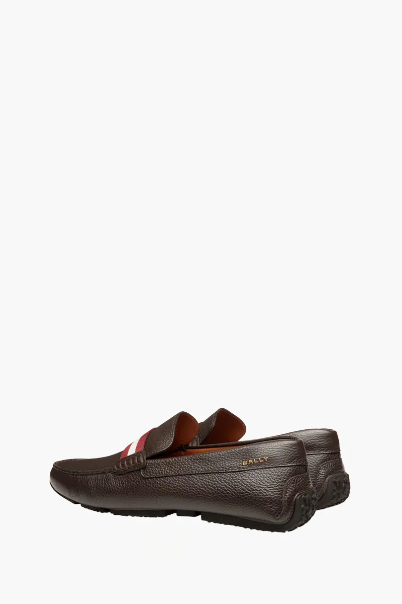 BALLY Men Perthy Pilot Driver Loafers in Brown/Red/White Grained Bovine Leather with Ribbon 1