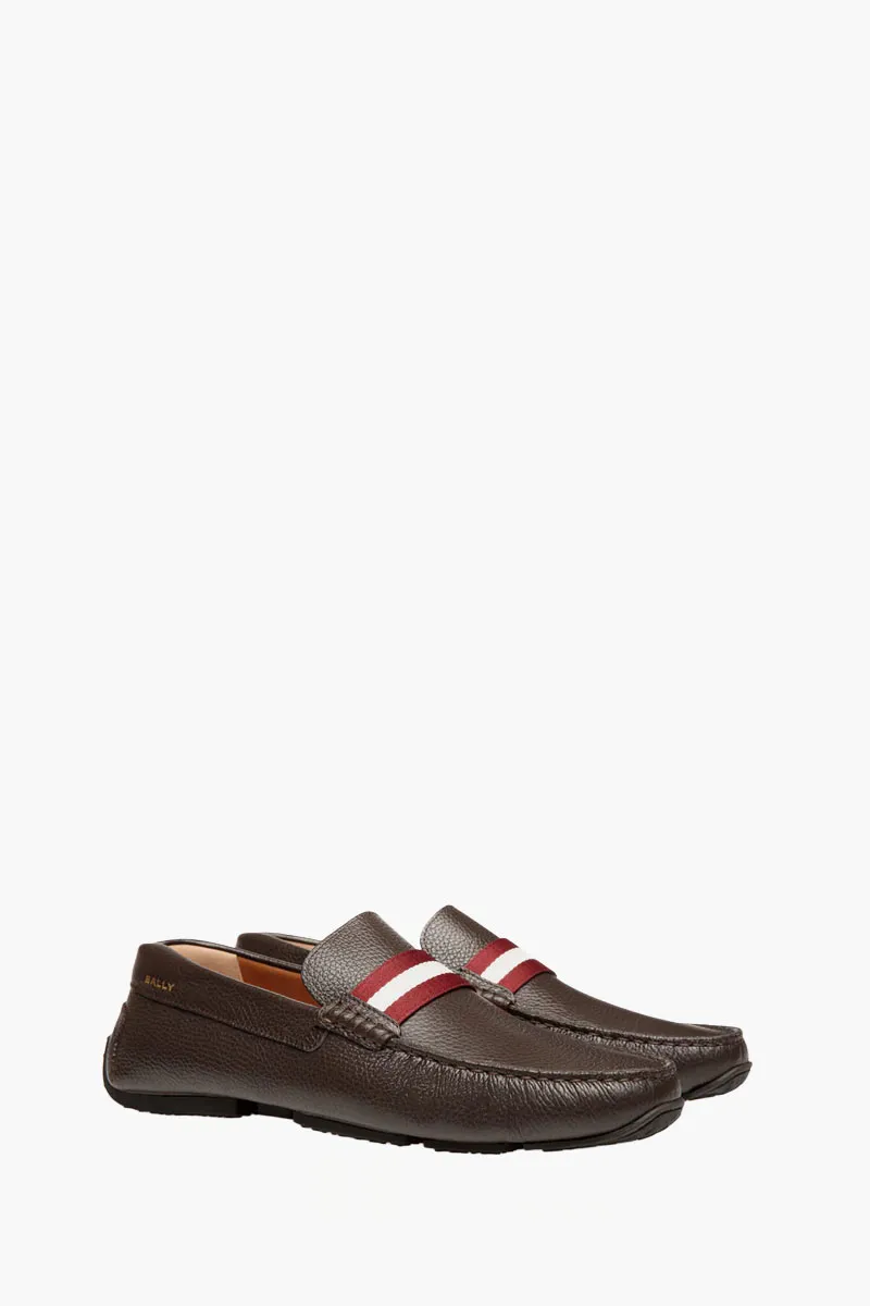 BALLY Men Perthy Pilot Driver Loafers in Brown/Red/White Grained Bovine Leather with Ribbon 2