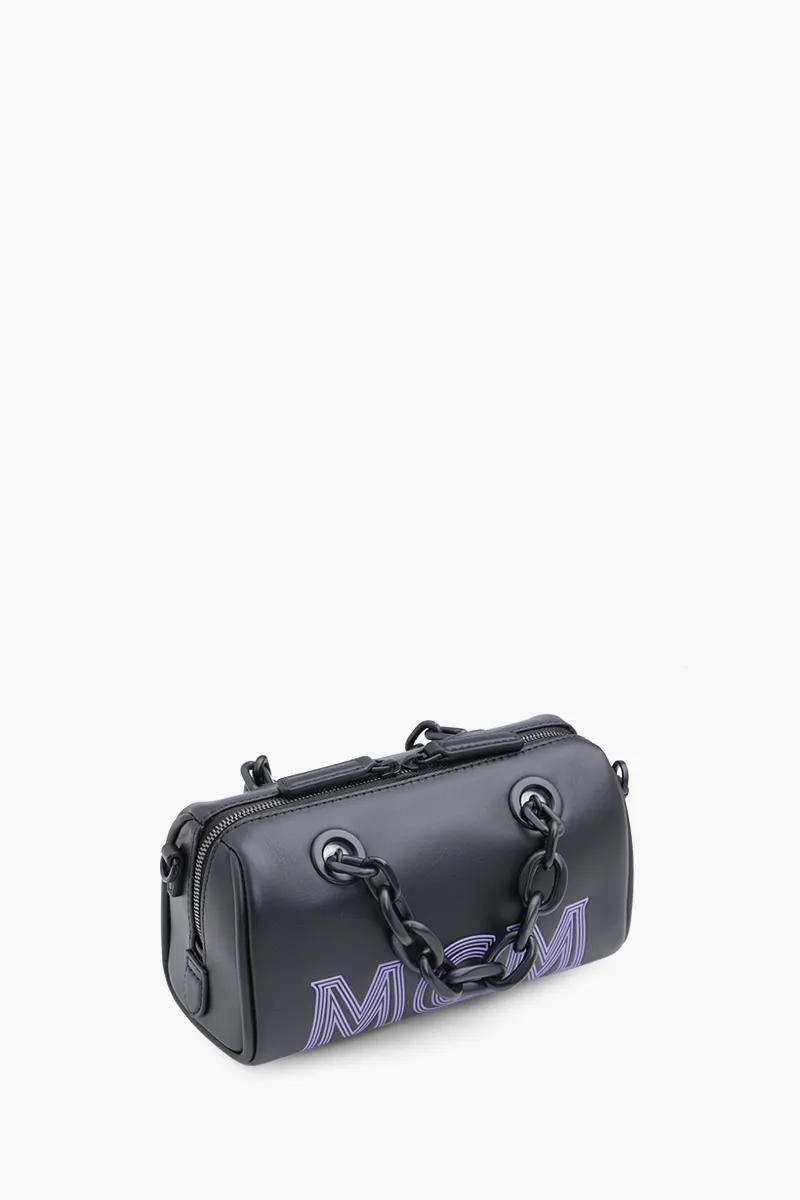 MCM Mini Boston Chain Shoulder Bag in Black with Embossed Logo 2