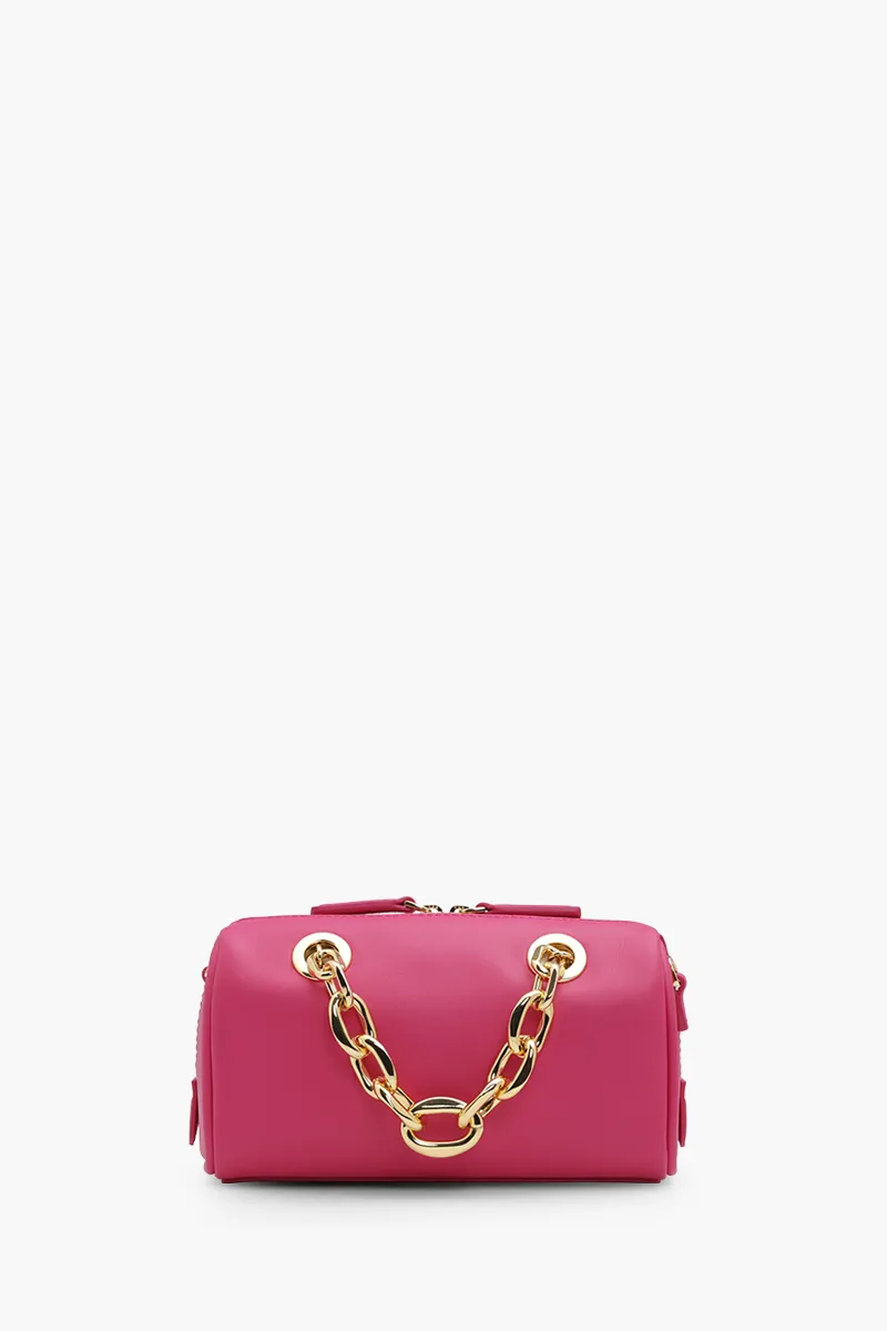 MCM Mini Boston Chain Shoulder Bag in Beetroot Purple with Embossed Logo 1