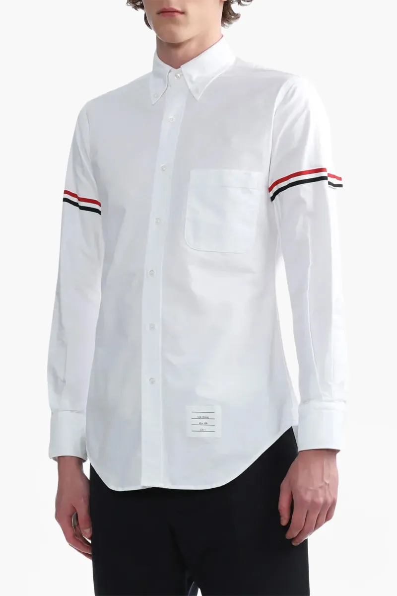 THOM BROWNE Men Oxford Striped Grosgrain Armband Classic Shirt in White Cotton 1