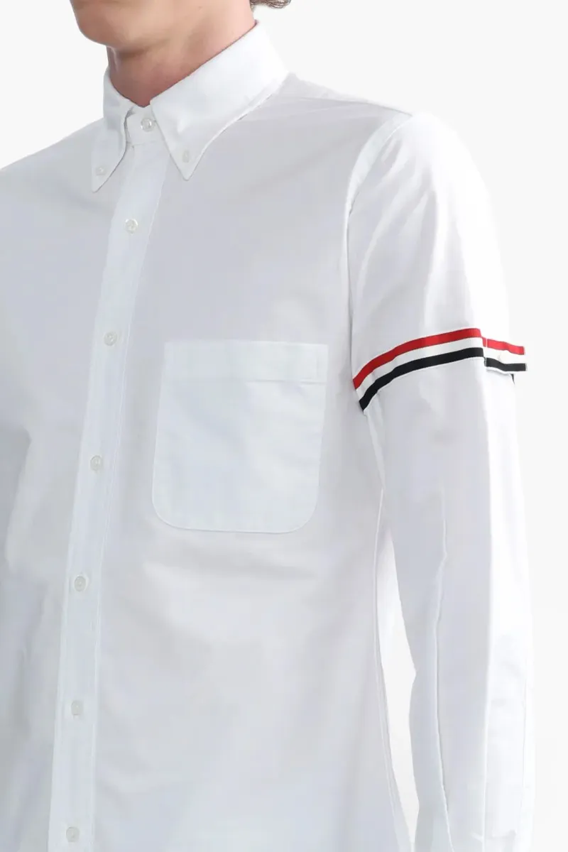 THOM BROWNE Men Oxford Striped Grosgrain Armband Classic Shirt in White Cotton 3