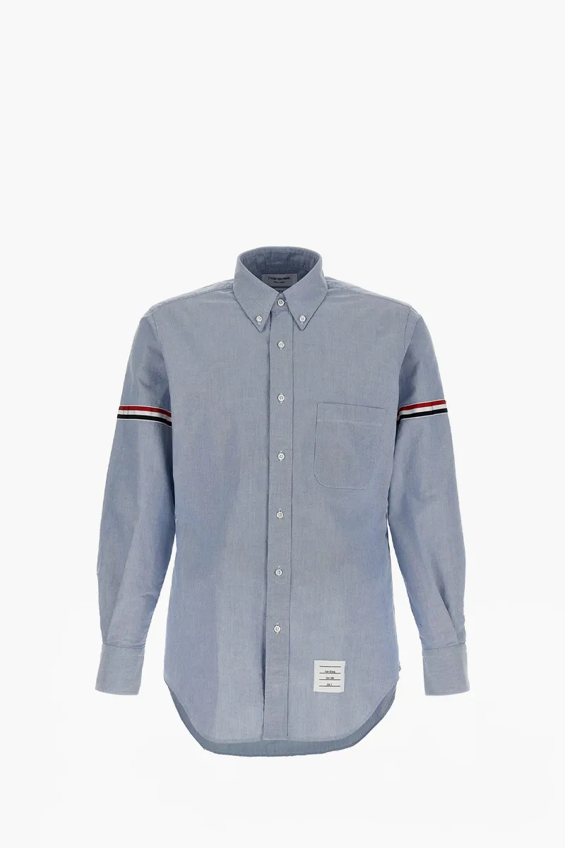THOM BROWNE Men Oxford Striped Grosgrain Armband Classic Shirt in Light Blue Cotton 0