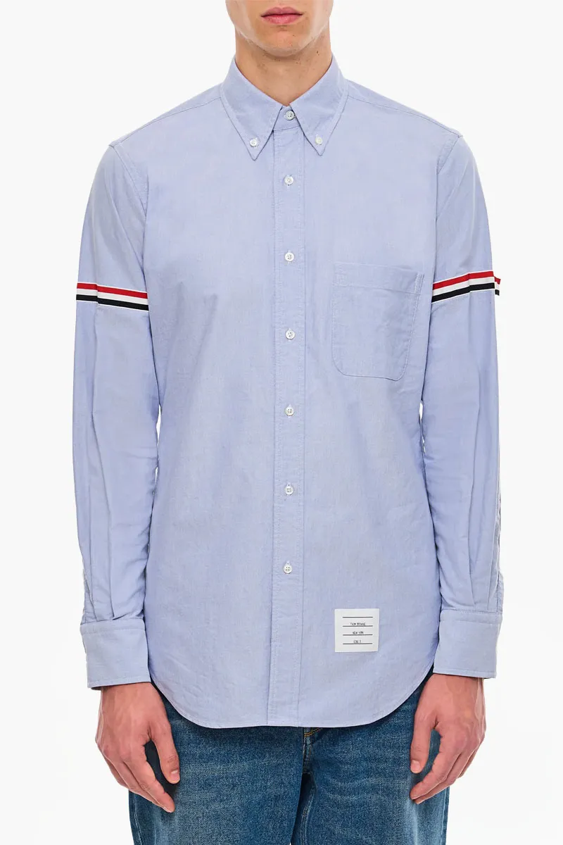 THOM BROWNE Men Oxford Striped Grosgrain Armband Classic Shirt in Light Blue Cotton 1