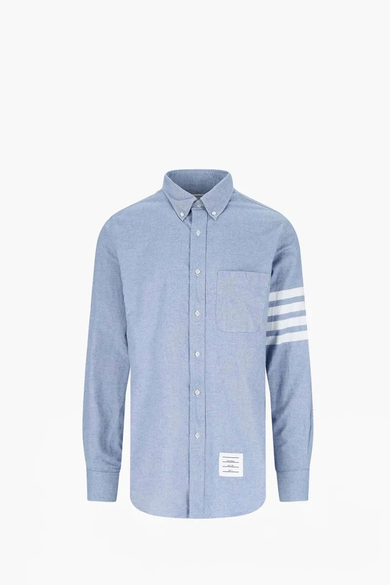 THOM BROWNE Man 4-Bar Flannel Shirt in Light Blue Cotton With Contrast 0