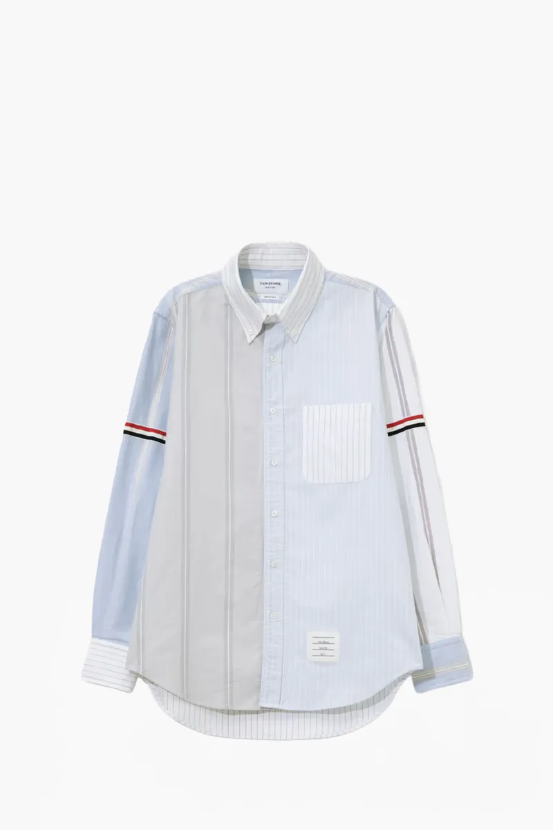 THOM BROWNE Men Funmix Oxford Striped Grossgrain Armband Shirt in Light Blue Cotton 0