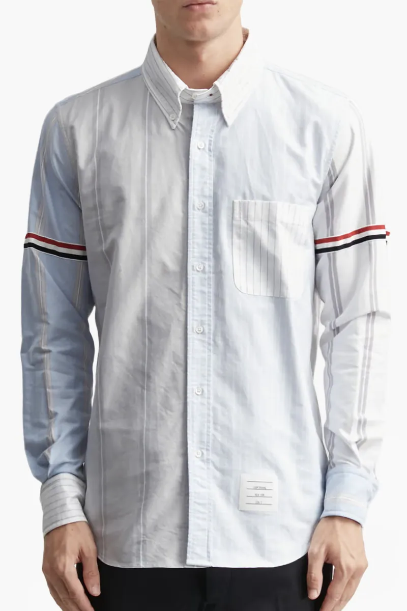THOM BROWNE Men Funmix Oxford Striped Grossgrain Armband Shirt in Light Blue Cotton 2
