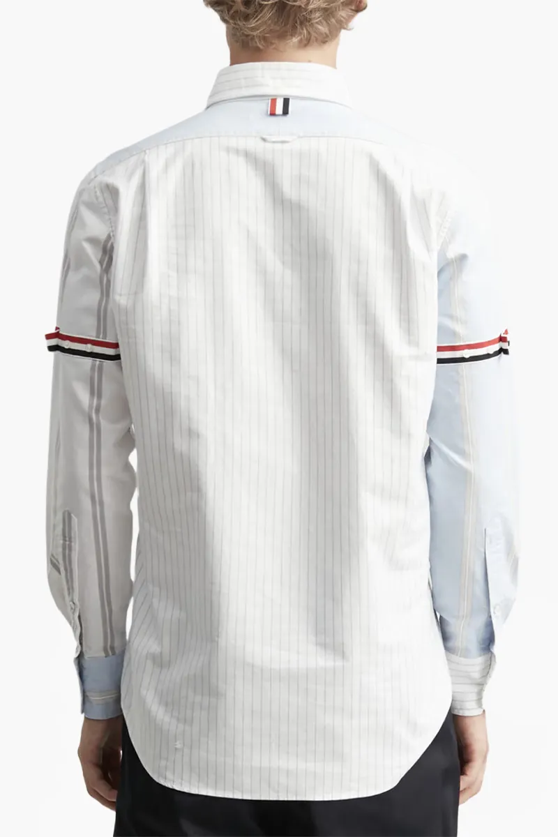 THOM BROWNE Men Funmix Oxford Striped Grossgrain Armband Shirt in Light Blue Cotton 3
