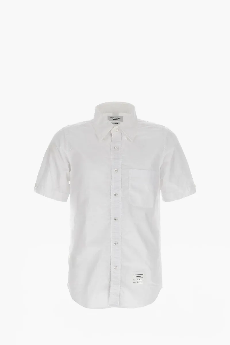 THOM BROWNE Men Oxford Grosgrain Placked Short Sleeve Shirt in White Cotton 0