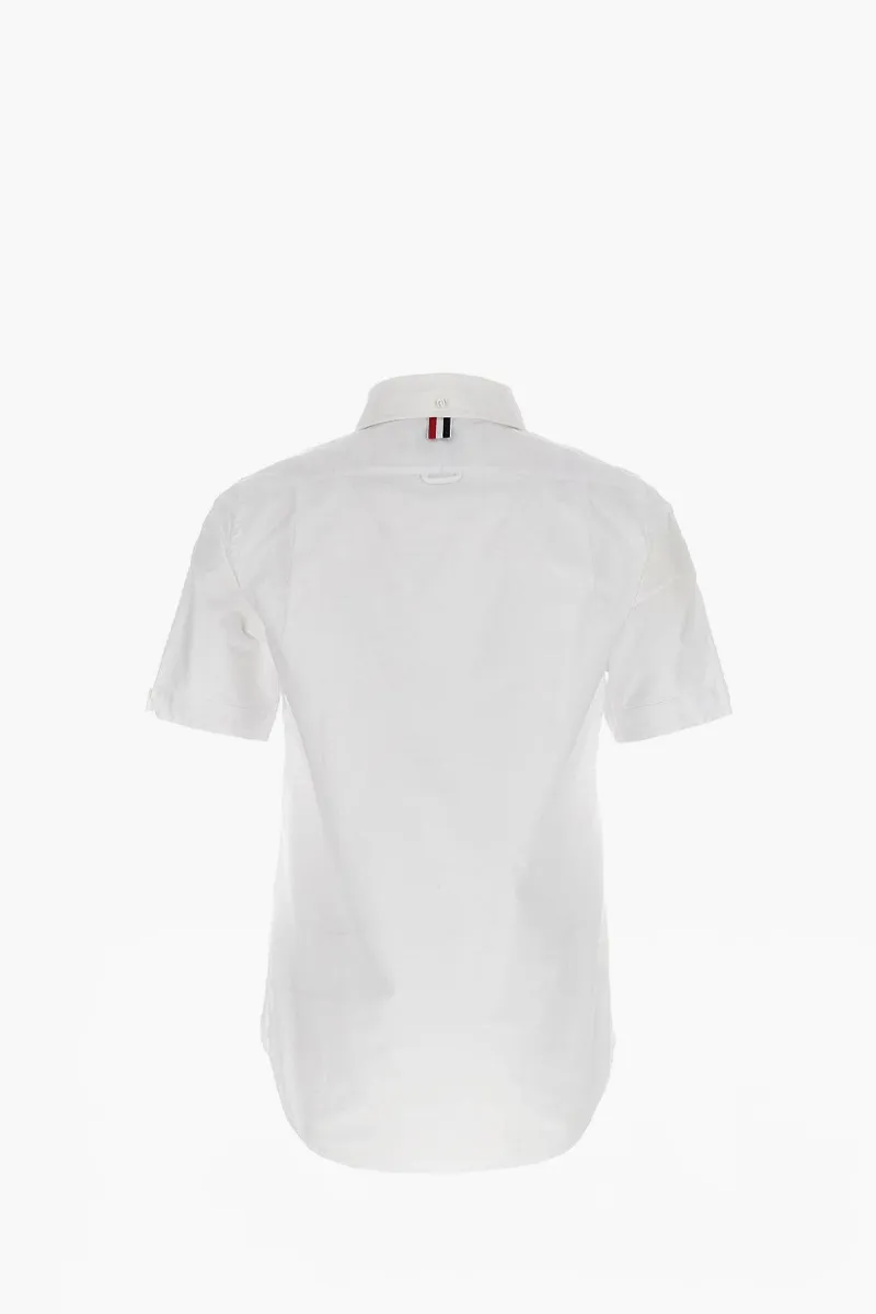 THOM BROWNE Men Oxford Grosgrain Placked Short Sleeve Shirt in White Cotton 1