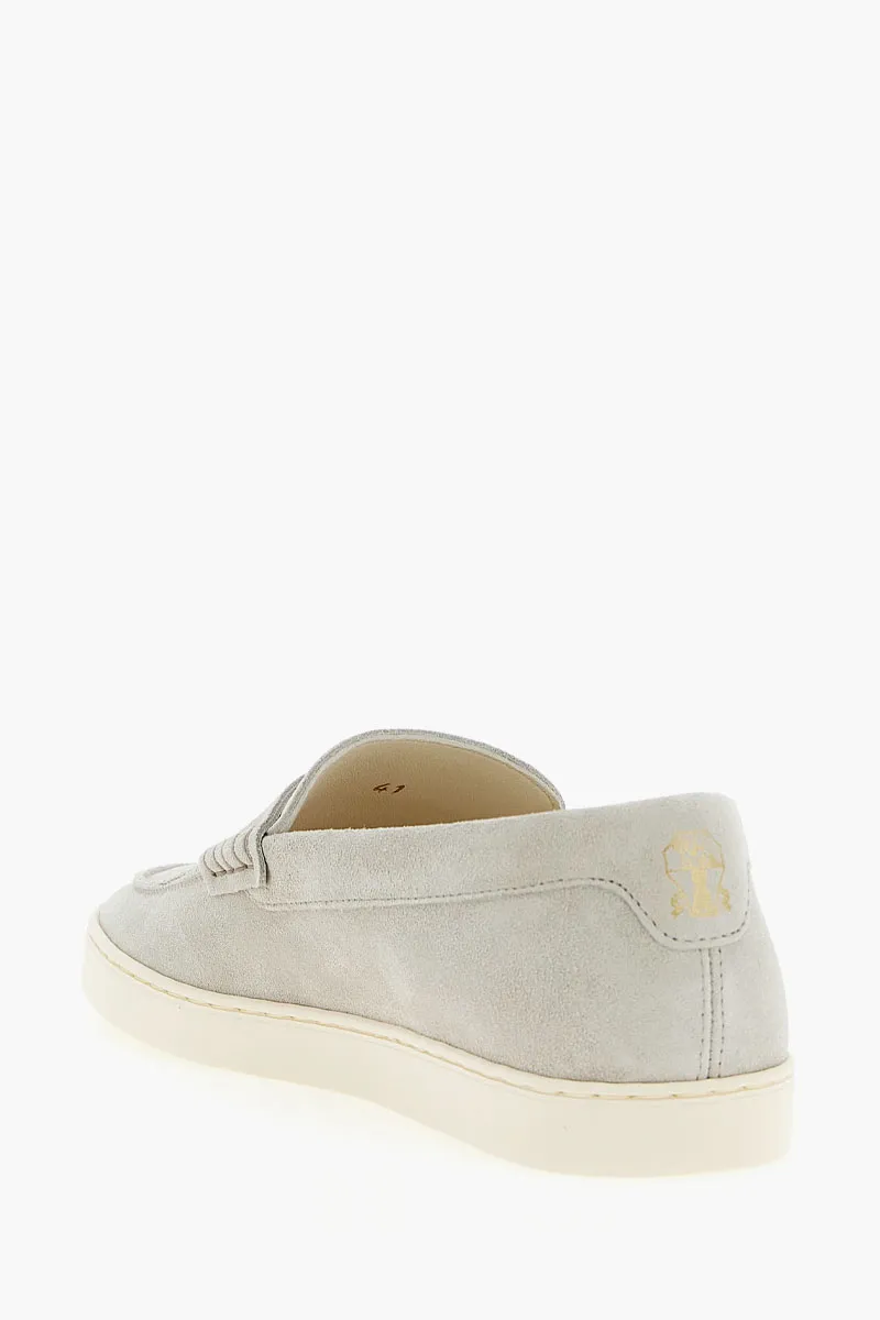 BRUNELLO CUCINELLI Men Penny Slot Strap Loafers in Ivory Suede Calfskin 1
