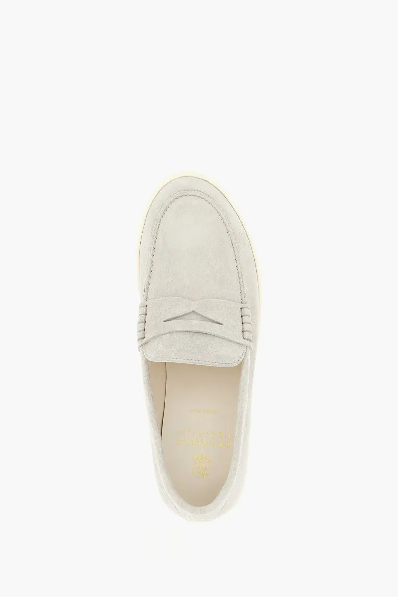 BRUNELLO CUCINELLI Men Penny Slot Strap Loafers in Ivory Suede Calfskin 3