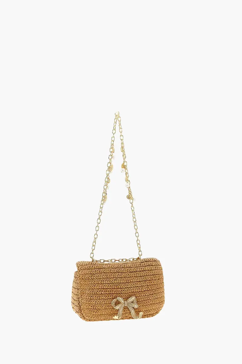SELF-PORTRAIT Bow Charm Shoulder Bag in Brown GHW Raffia 1