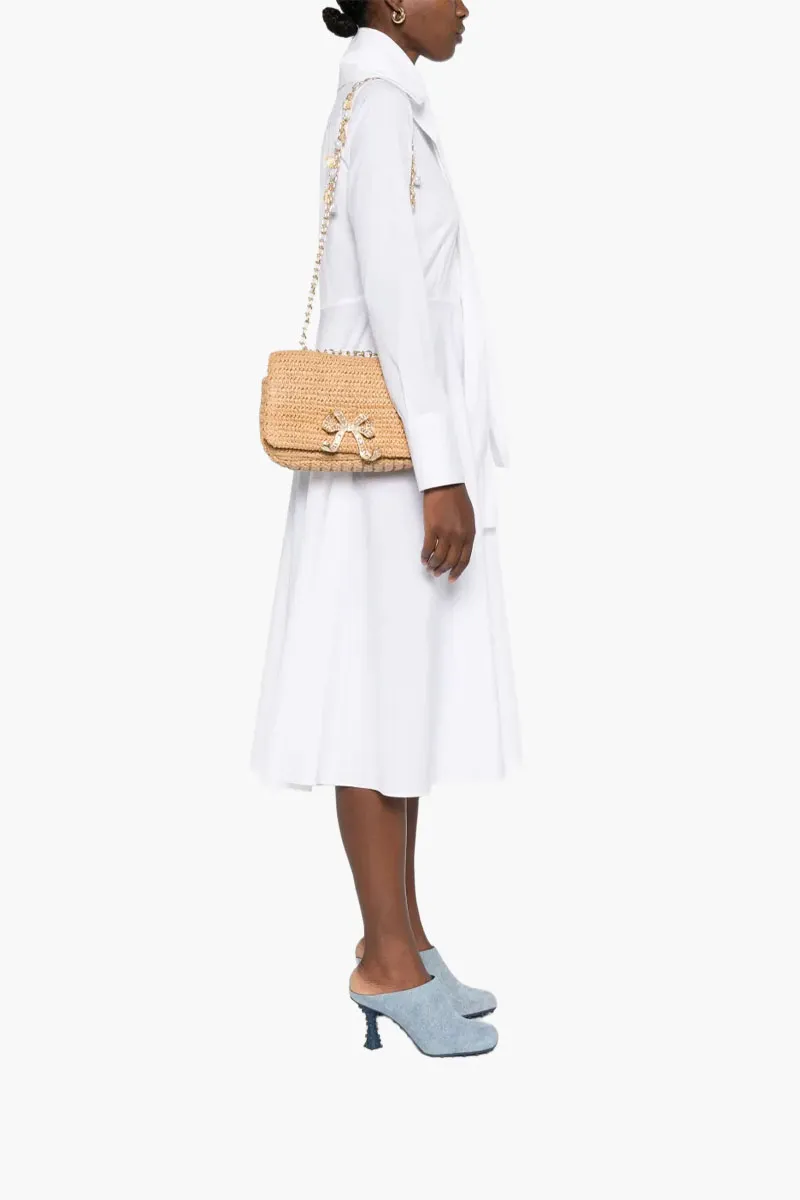 SELF-PORTRAIT Bow Charm Shoulder Bag in Brown GHW Raffia 3