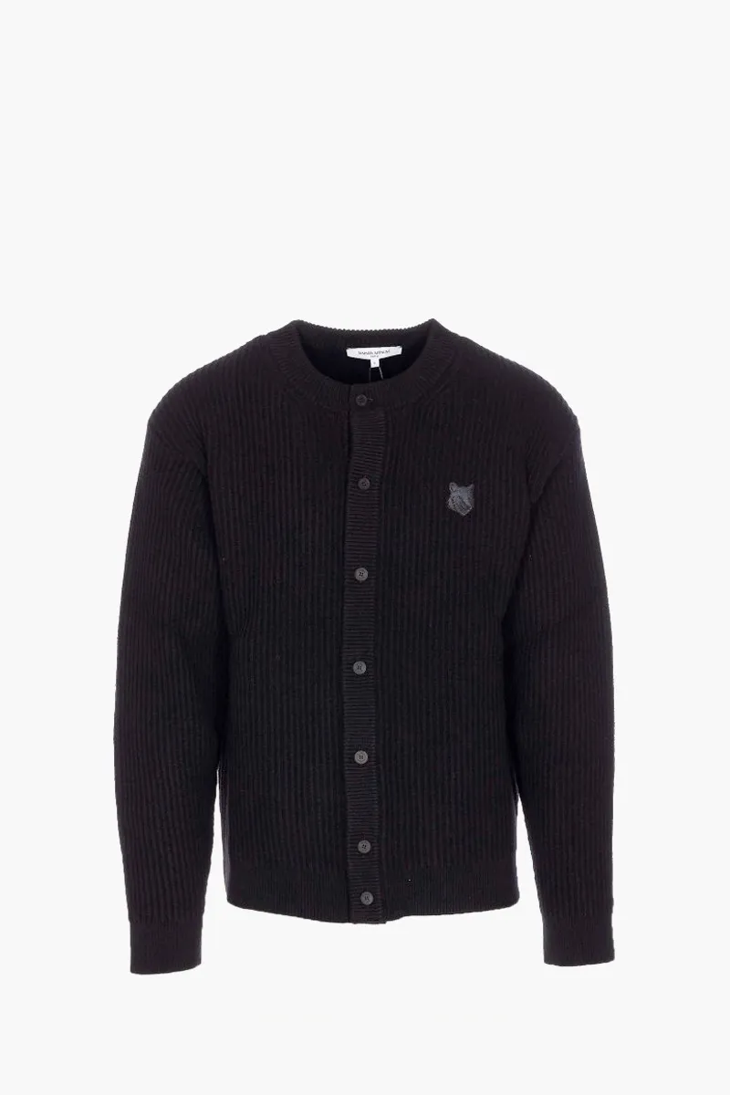 MAISON KITSUNE Men Fox Head Ribbed Cardigan in Black Wool 0