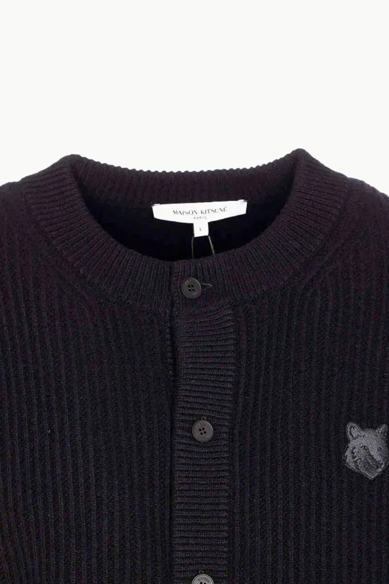 MAISON KITSUNE Men Fox Head Ribbed Cardigan in Black Wool 2