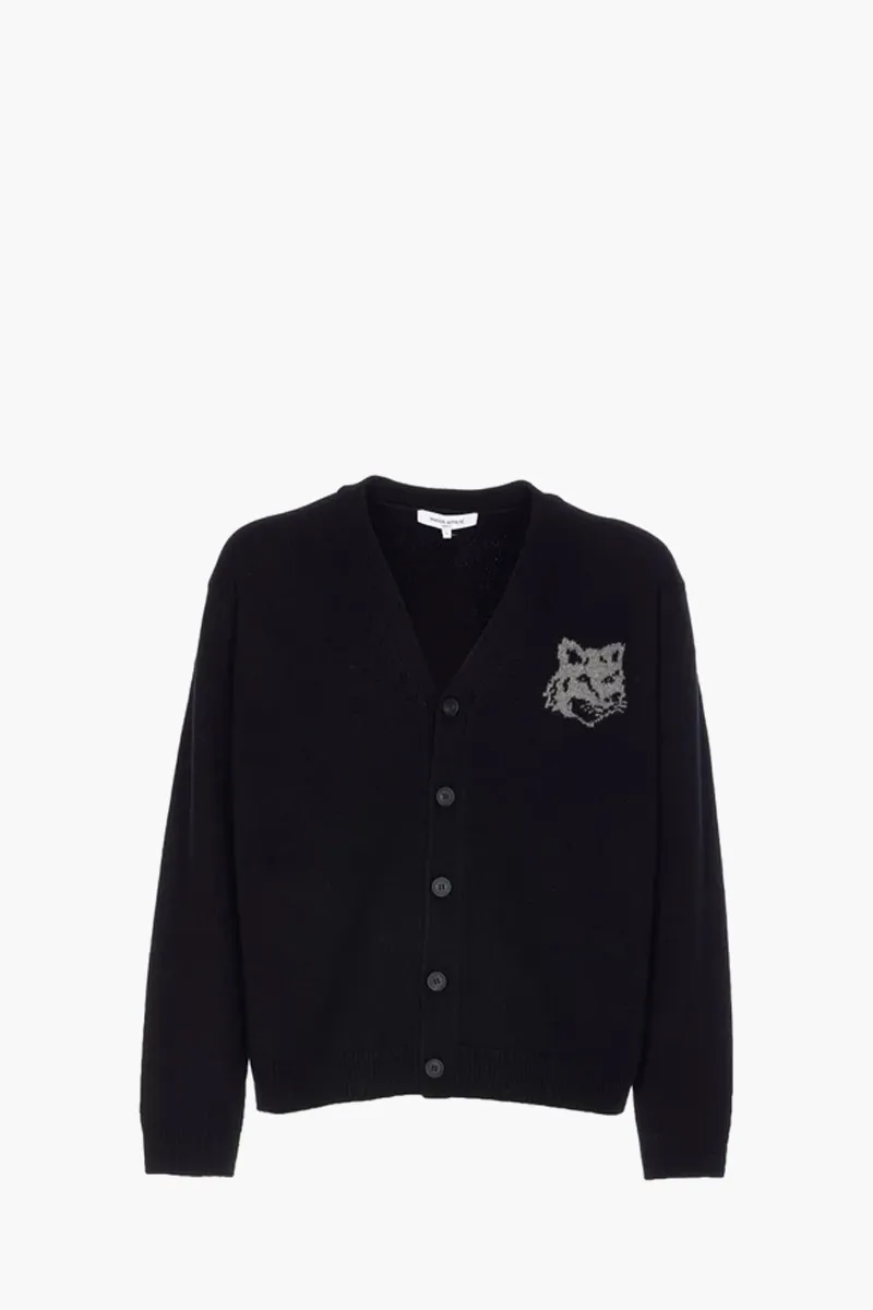 MAISON KITSUNE Men Fox Head Intarsia Merino Cardigan in Black/Medium Grey Mix 0