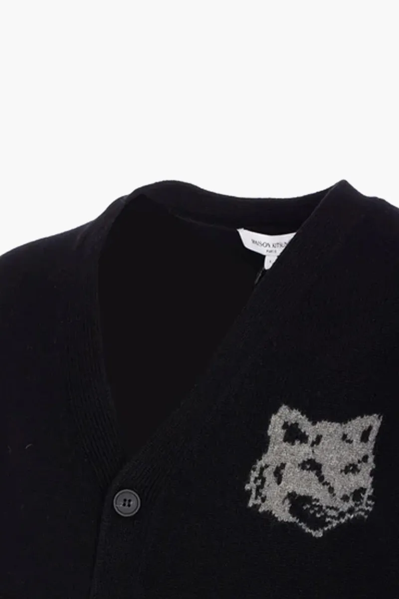MAISON KITSUNE Men Fox Head Intarsia Merino Cardigan in Black/Medium Grey Mix 2