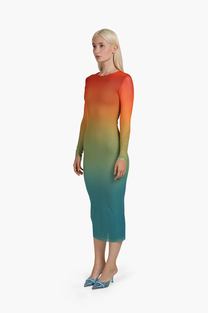 SELF-PORTRAIT Women Ombre Mesh Midi Dress in Red Multicolor 2