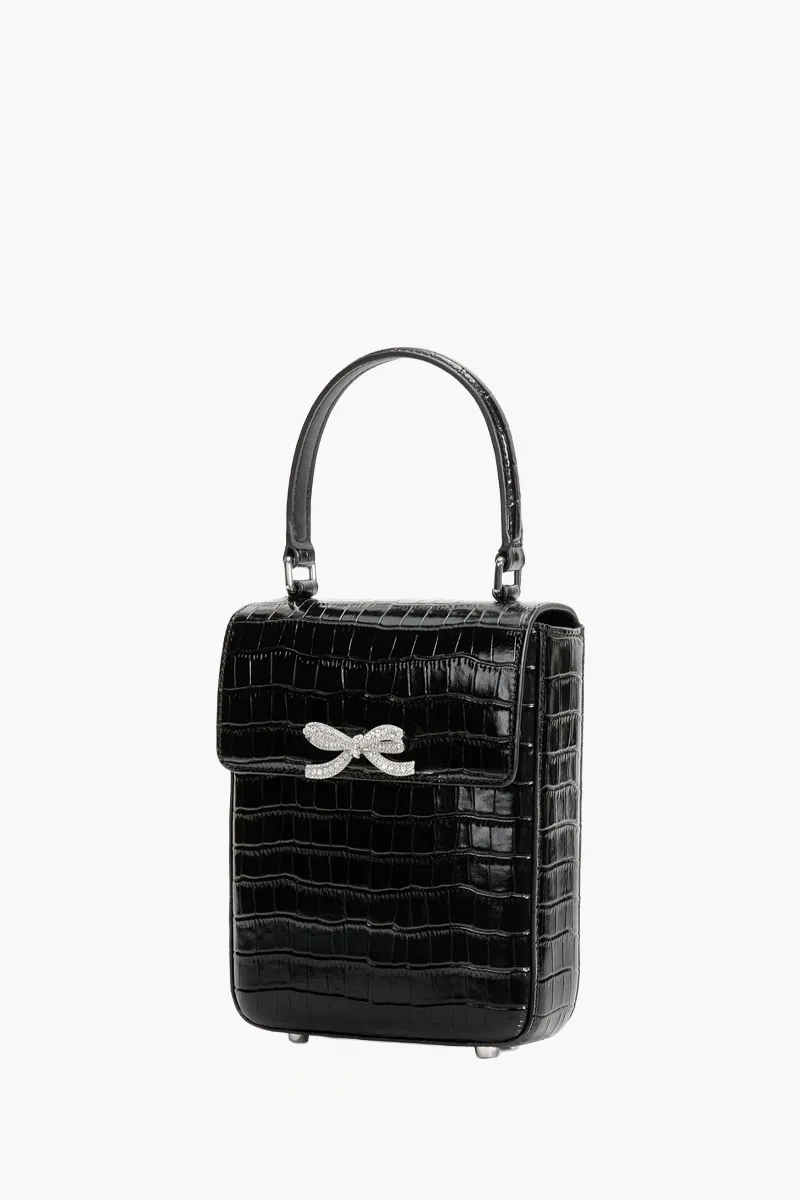 SELF-PORTRAIT Crystal Bow Structured Mini Bag in Black Croc Leather 1