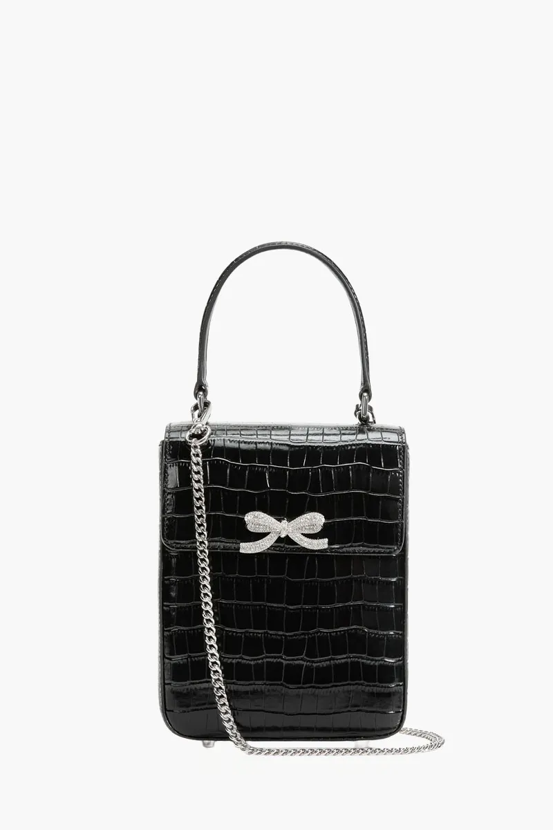 SELF-PORTRAIT Crystal Bow Structured Mini Bag in Black Croc Leather 4