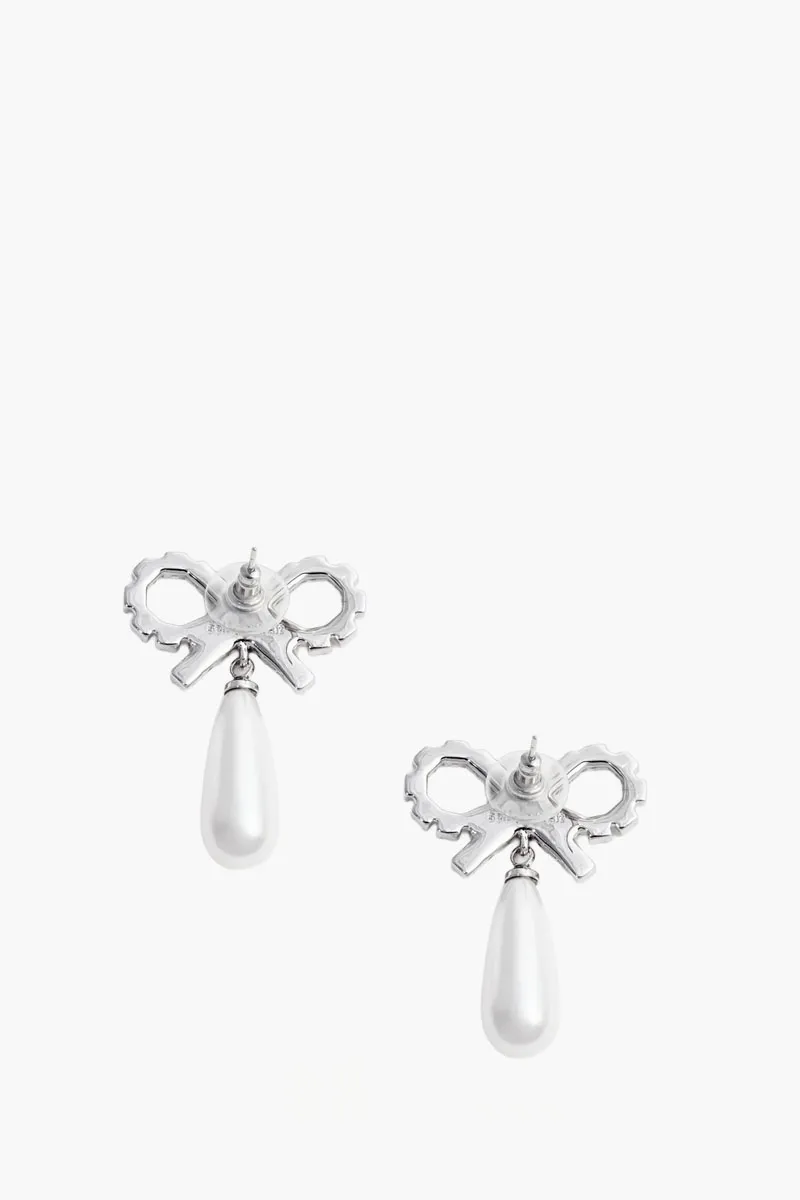 SELF-PORTRAIT Crystal Bow Pearl Earrings in White Crystal and Faux Pearl Embellishment 1
