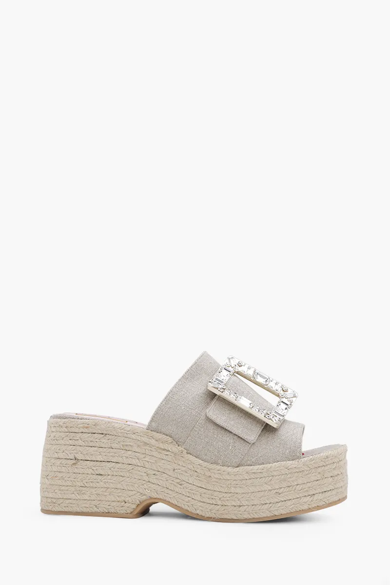 ROGER VIVIER Strass Buckle Espadrille Platform Mules 80mm in Beige Fabric 0