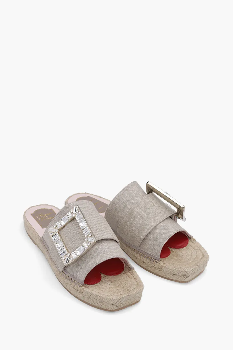 ROGER VIVIER Women Strass Buckle Espadrille Sandals in Tissu Beige 1
