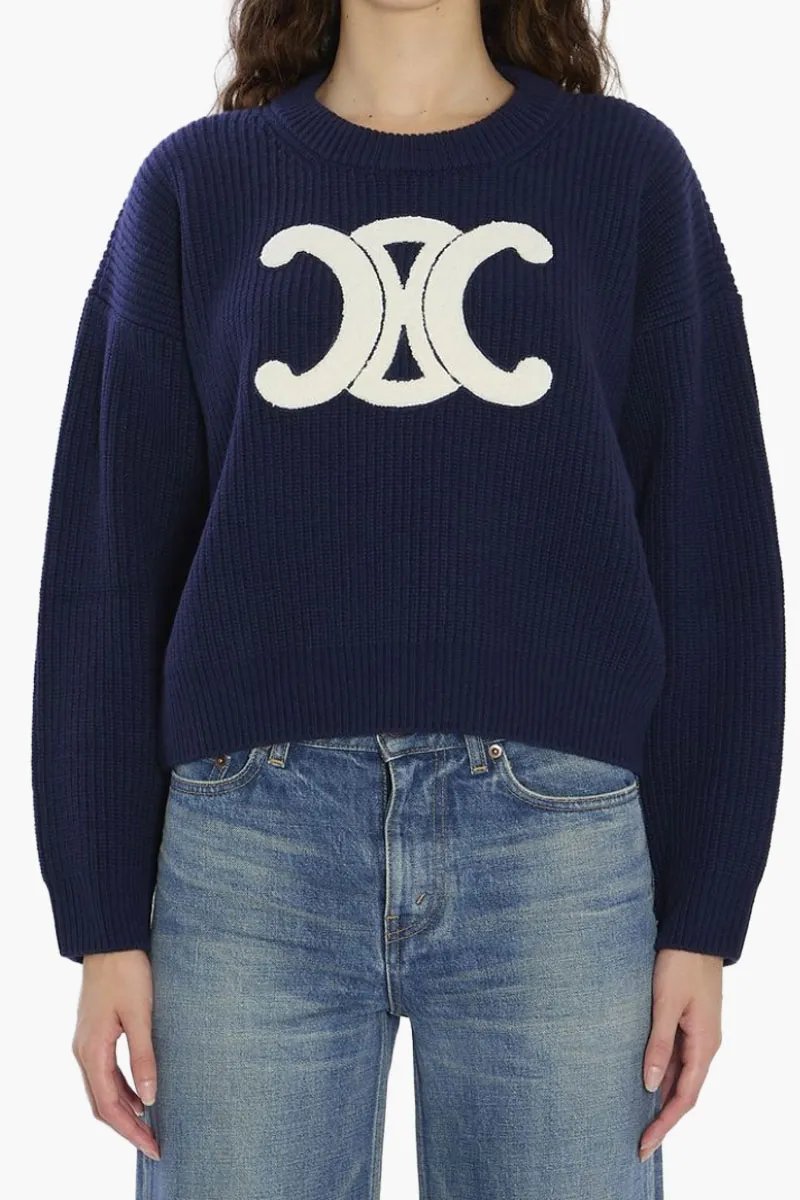 CELINE Women Triomphe Patch Crew Neck Sweater in Navy Ribbed Wool 1