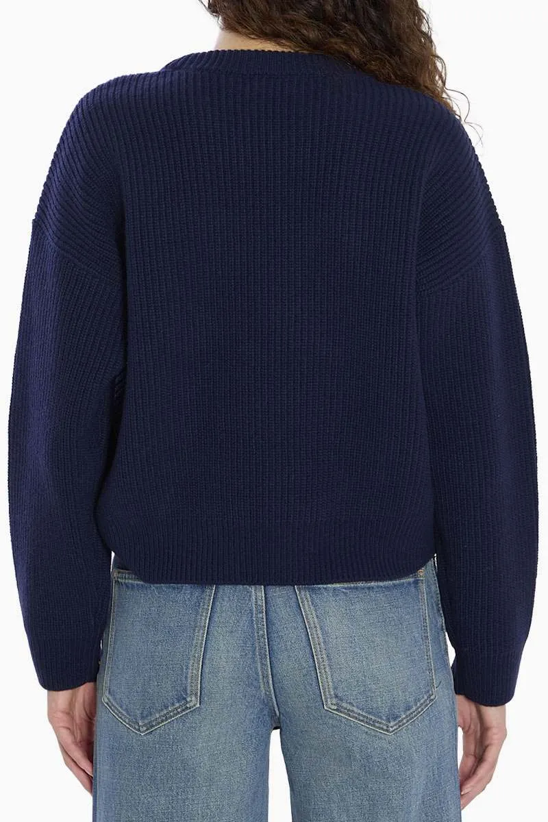 CELINE Women Triomphe Patch Crew Neck Sweater in Navy Ribbed Wool 2