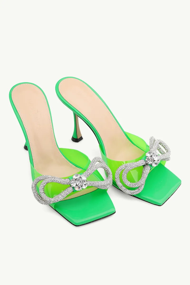 MACH & MACH Women Crystal Double Bow Square Toe PVC Mules 95mm in Fluo Green Patent 1