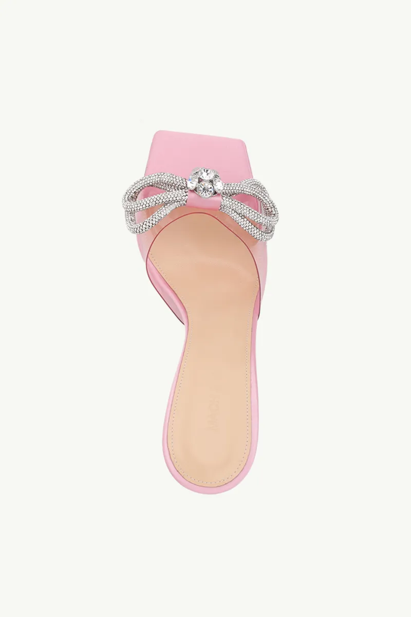 MACH & MACH Women Crystal Double Bow Square Toe PVC Mules 95mm in Pink Satin 3
