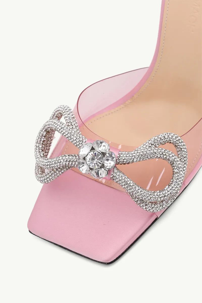 MACH & MACH Women Crystal Double Bow Square Toe PVC Mules 95mm in Pink Satin 4
