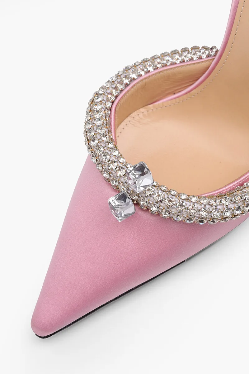 MACH & MACH Women Georgia Crystal Trimmed Ankle Strap Pumps 100mm in Pink Satin 4