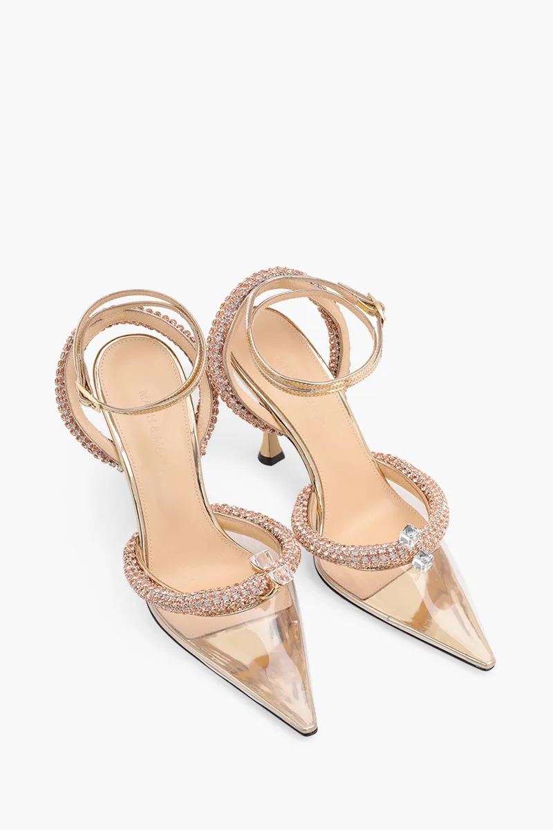 MACH & MACH Women Georgia Crystal Trimmed Ankle Strap PVC Pumps 100mm in Gold 1