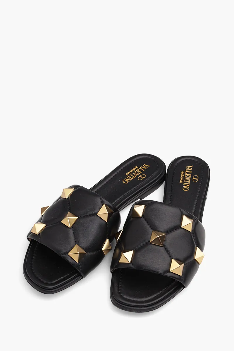 VALENTINO Women Roman Stud Slide Sandals in Black Quilted Leather 1