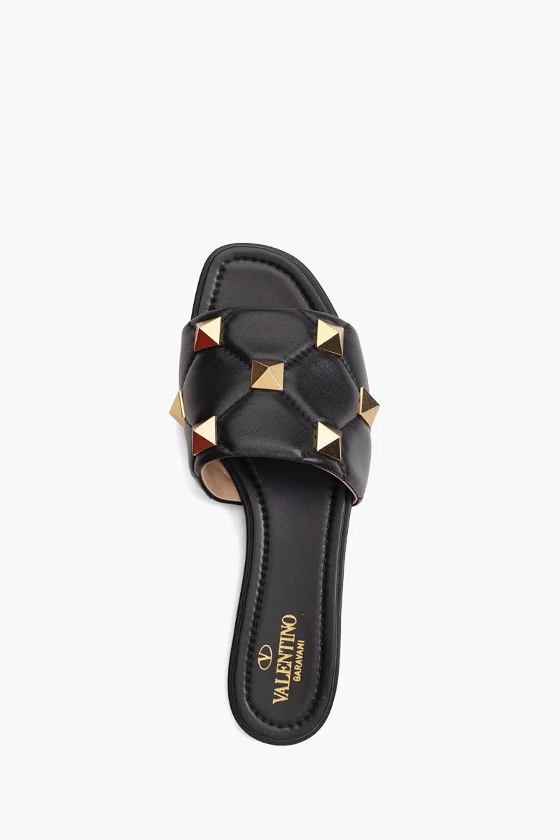 VALENTINO Women Roman Stud Slide Sandals in Black Quilted Leather 3