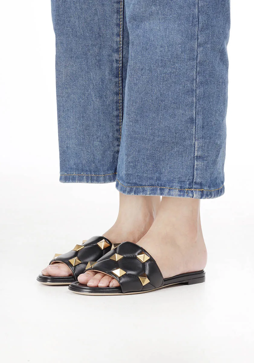 VALENTINO Women Roman Stud Slide Sandals in Black Quilted Leather 4