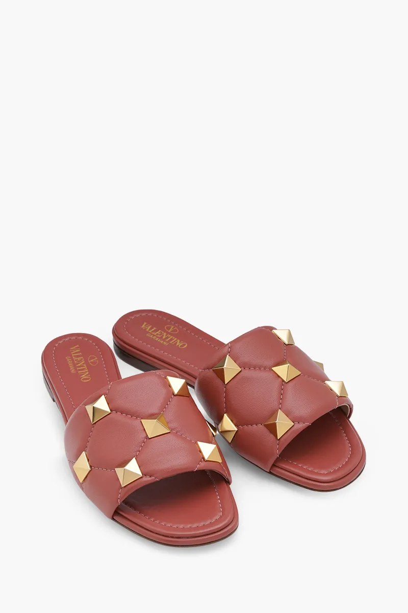 VALENTINO Women Roman Stud Slide Sandals in Ginger Quilted Leather 1