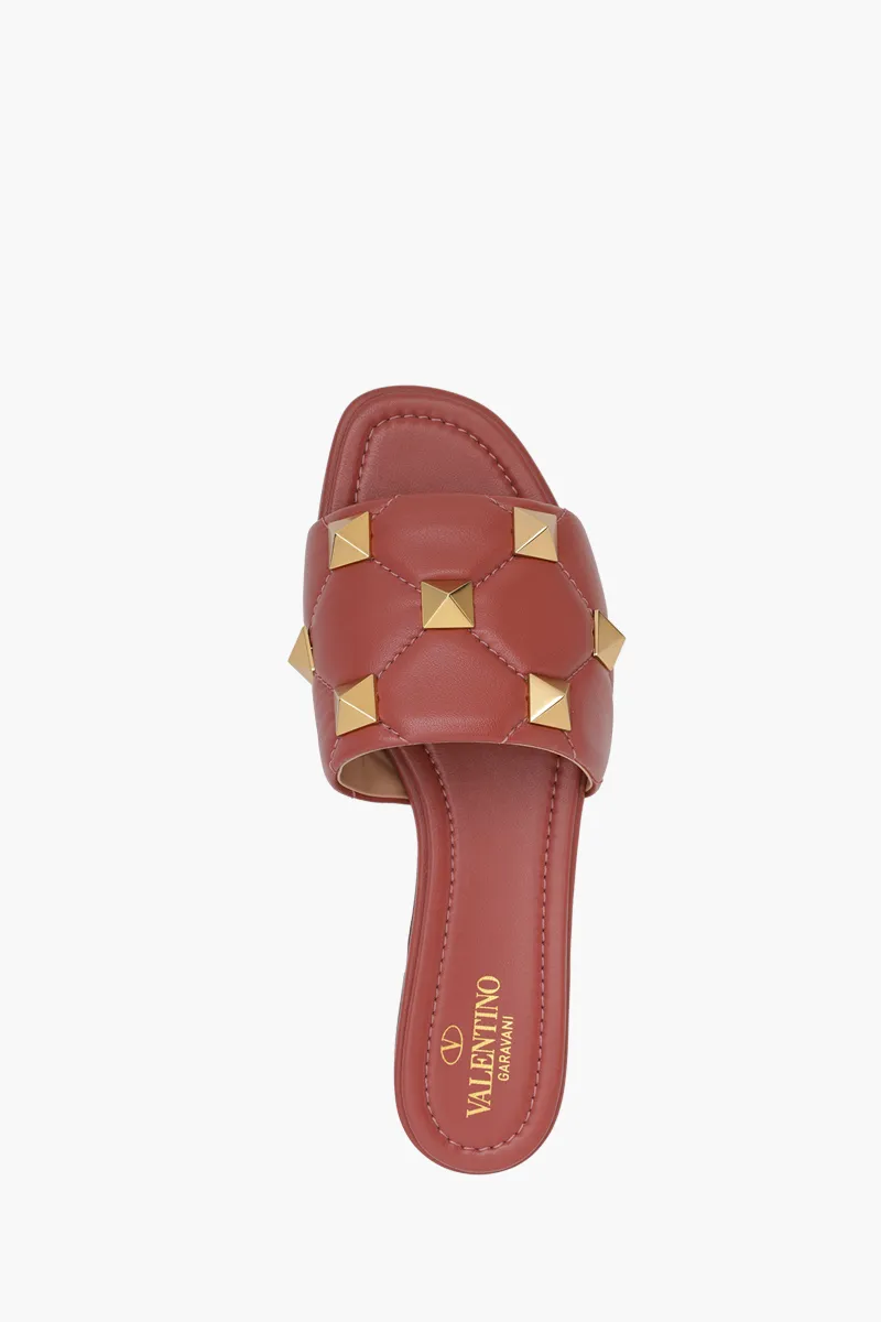 VALENTINO Women Roman Stud Slide Sandals in Ginger Quilted Leather 3