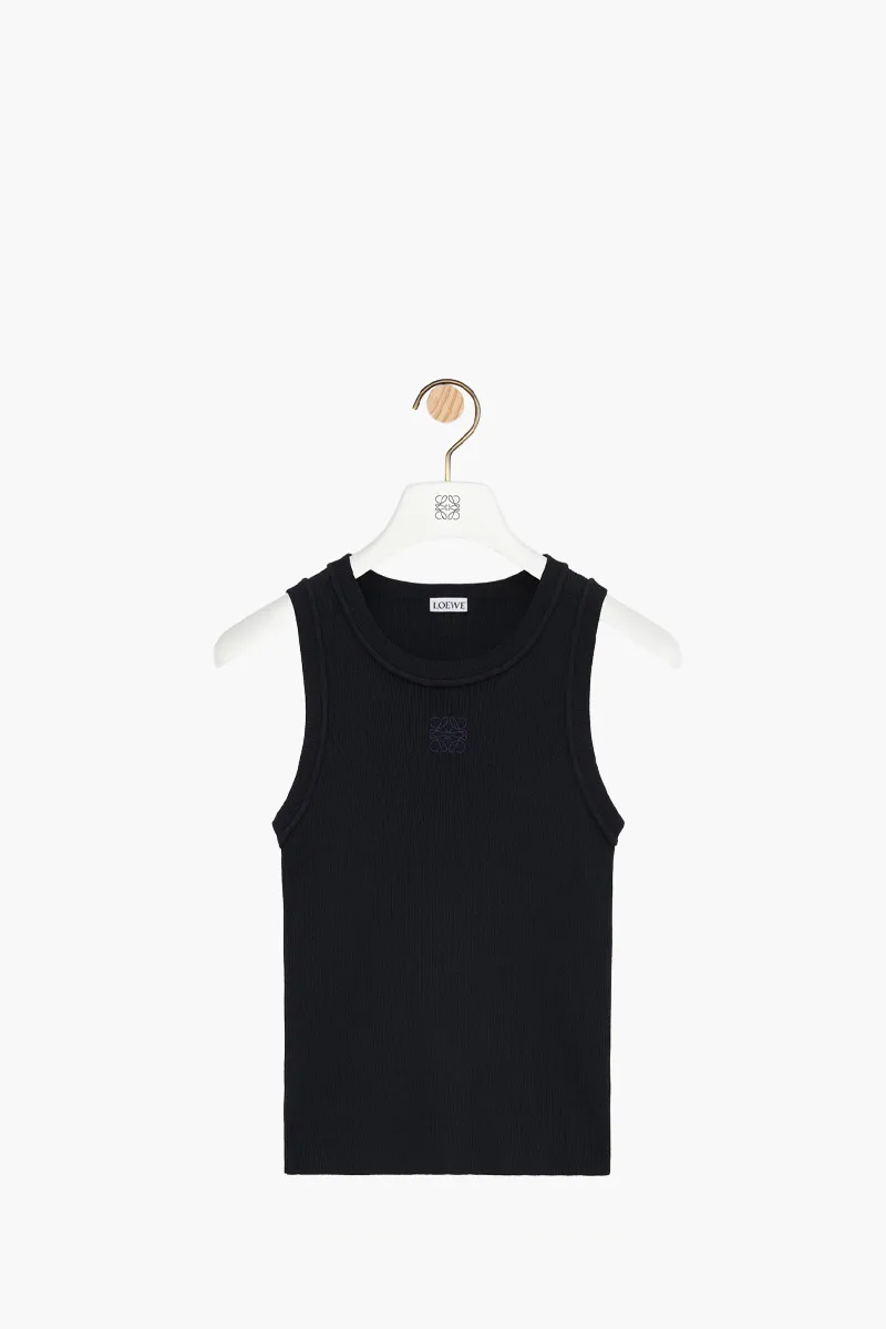 LOEWE Women Anagram Embroidered Slim Fit Tank Top in Black Stretch Viscose 0